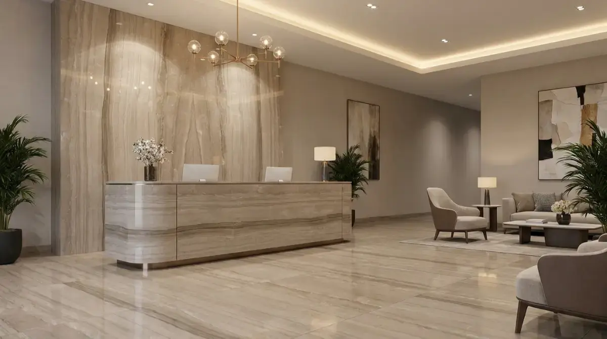 Prestigious Welcomes: Modern Hotel Lobby Design with Athens Gray