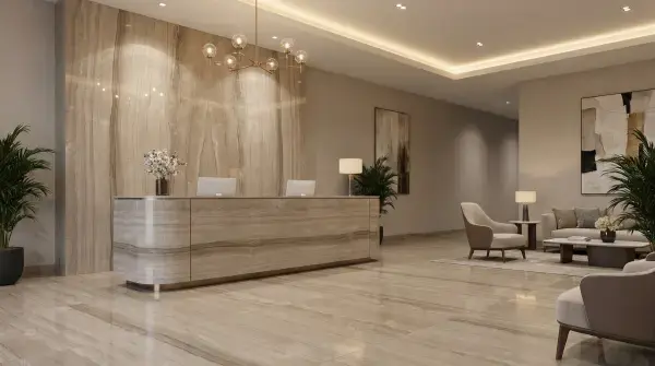 Prestigious Welcomes: Modern Hotel Lobby Design with Athens Gray